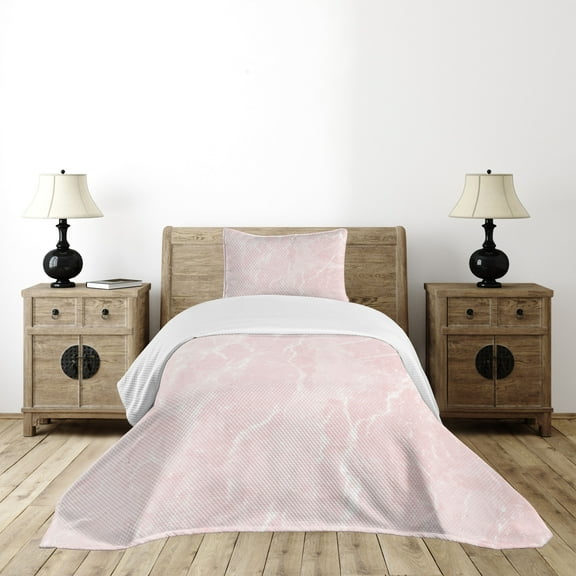 Ambesonne Marble Print Quilted Bedspread Set 2 Pcs, Mineral Scratches, Twin Size, Pale Pink White