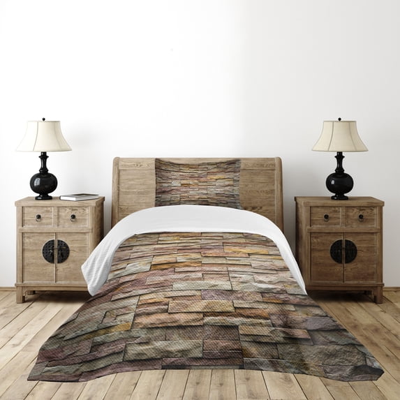 Ambesonne Marble Print Quilted Bedspread Set 2 Pcs, Urban Brick Slate Wall, Twin Size, Multicolor