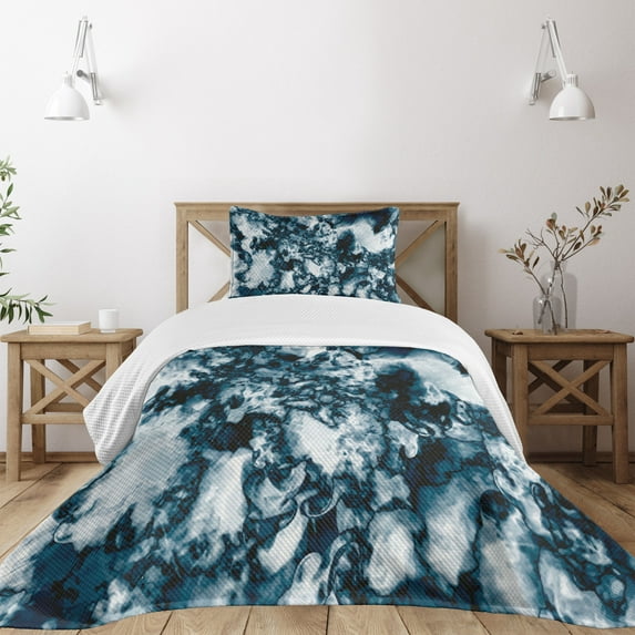 Ambesonne Marble Print Quilted Bedspread Set 2 Pcs, Vintage Nature Painted, Twin Size, Slate Blue Pearl