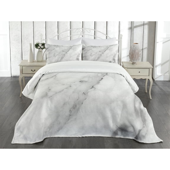 Ambesonne Marble Print Quilted Bedspread Set 3 Pcs, Granite Surface Motif, Queen Size, Grey Dust White