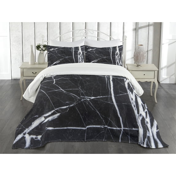 Ambesonne Marble Print Quilted Bedspread Set 3 Pcs, Grunge Natural Stone, King Size, Charcoal Grey White