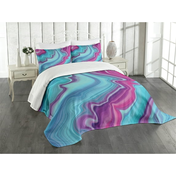 Ambesonne Marble Print Quilted Bedspread Set 3 Pcs, Liquid Wavy Aqua Rock, King Size, Aqua Pink