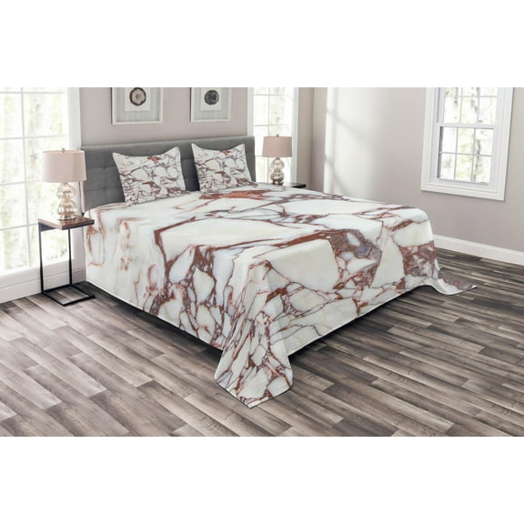 Ambesonne Marble Print Quilted Bedspread Set 3 Pcs, Marble Grunge Stone, King Size, Beige Brown