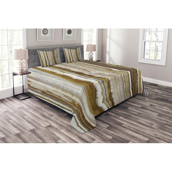 Ambesonne Marble Print Quilted Bedspread Set 3 Pcs, Marble Rock Patterns, Queen Size, Mustard Brown