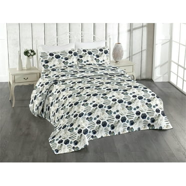 Ambesonne Marble Print Quilted Bedspread Set 3 Pcs, Stone Print Geometric, King, White Dark Blue and Eggshell