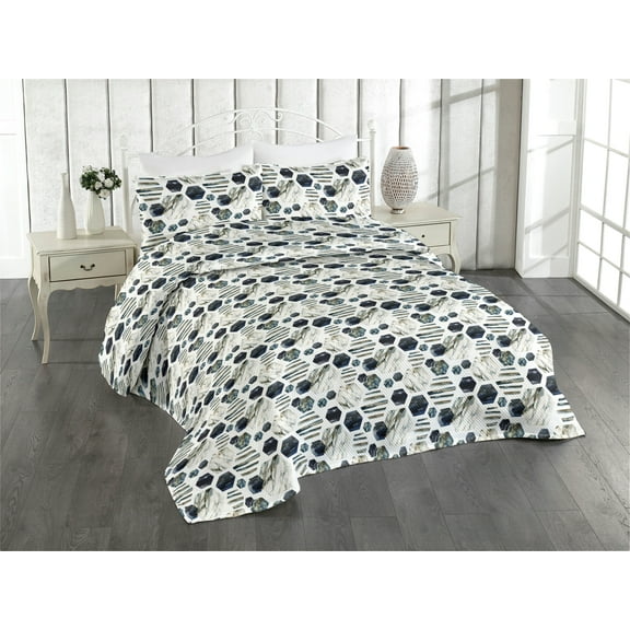 Ambesonne Marble Print Quilted Bedspread Set 3 Pcs, Stone Print Geometric, Twin, White Dark Blue and Eggshell
