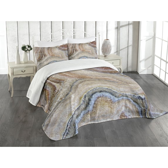 Ambesonne Marble Print Quilted Bedspread Set 3 Pcs, Surreal Onyx Surface, Queen Size, Cinnamon Beige Tan