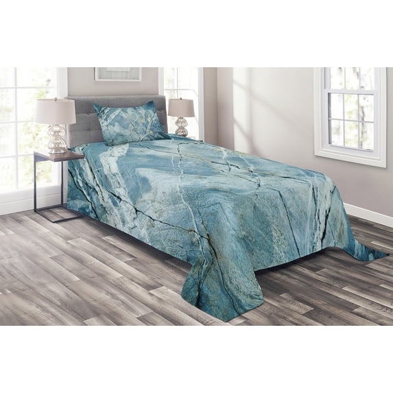 Ambesonne Marble Print Quilted Coverlet 2 Pcs, Granite Stone, Twin Size, Pale Blue Grey