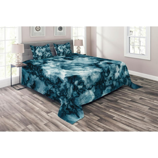 Ambesonne Marble Print Quilted Coverlet 3 Pcs, Marble Stone Effect, King Size, Blue