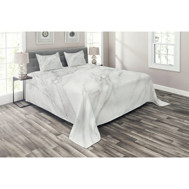 Ambesonne Marble Print Quilted Coverlet 3 Pcs, Stained Monochrome, King Size, White Pale Grey