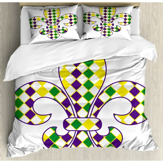 Ambesonne Mardi Gras Duvet Cover Set, Lily Vintage, 2-Calking, Purple Green Yellow