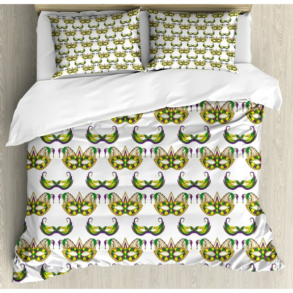 Ambesonne Mardi Gras Duvet Cover Set, Pattern, 2-Calking, Purple Green Yellow