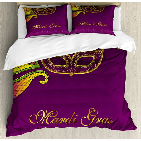 Ambesonne Mardi Gras Duvet Cover Sets, Colorful Lace Style, 2-King, Purple Yellow Green