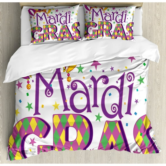 Ambesonne Mardi Gras Duvet Cover Sets, Joyful Party Theme, 2-Queen, Purple Yellow Green