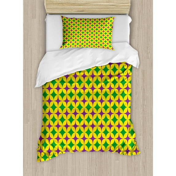 Ambesonne Mardi Gras Duvet Cover Sets, Retro Pattern Stars, 2-Twin, Purple Fern Green Yellow