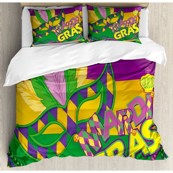 Ambesonne Mardi Gras Duvet Cover Sets, Vivid Beads Feathers, 2-King, Lime Green Magenta