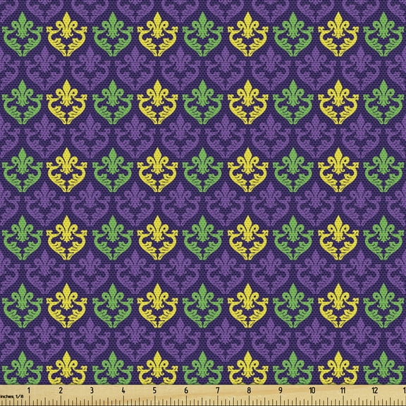 Ambesonne Mardi Gras Fabric by the Yard Upholstery, Antique Motifs Tile, 5 Yards, Purple Green Yellow