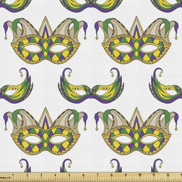 Ambesonne Mardi Gras Fabric by the Yard Upholstery, Pattern, 2 Yards, Purple Green Yellow