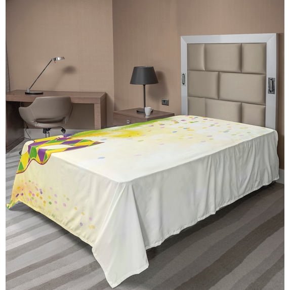 Ambesonne Mardi Gras Flat Sheet, Party, Twin Size, Yellow Green Purple