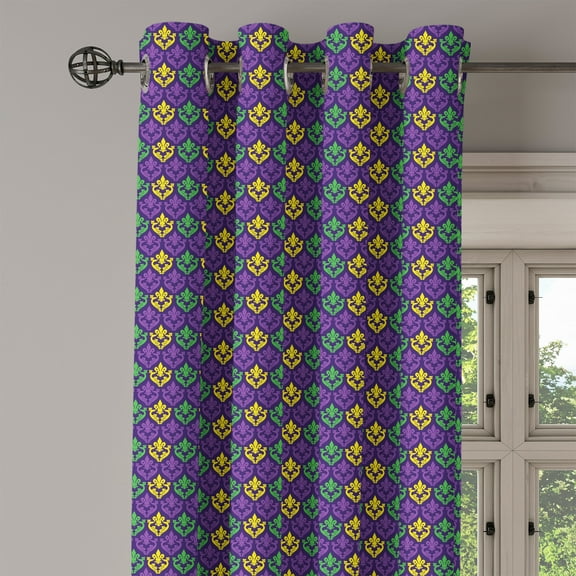 Ambesonne Mardi Gras Grommet Curtain Single Panel, Antique Motifs Tile, 50"x60", Purple Green Yellow