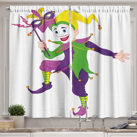 Ambesonne Mardi Gras Kitchen Curtains, Cartoon Dancing Jester, 55"x39", Multicolor