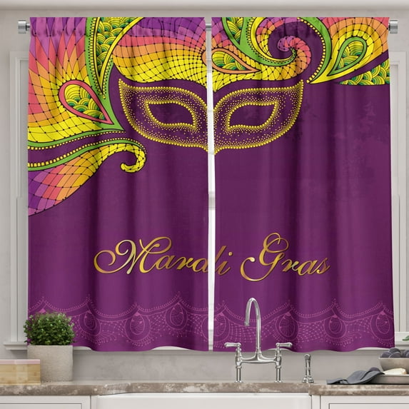 Ambesonne Mardi Gras Kitchen Curtains, Colorful Lace Style, 55"x39", Purple Yellow Green