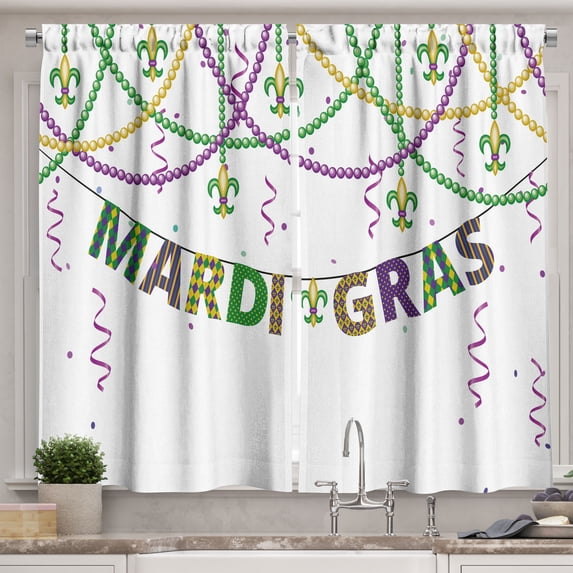 Ambesonne Mardi Gras Kitchen Curtains, Fleur De Lis Beads, 55"x45", Purple Green Yellow