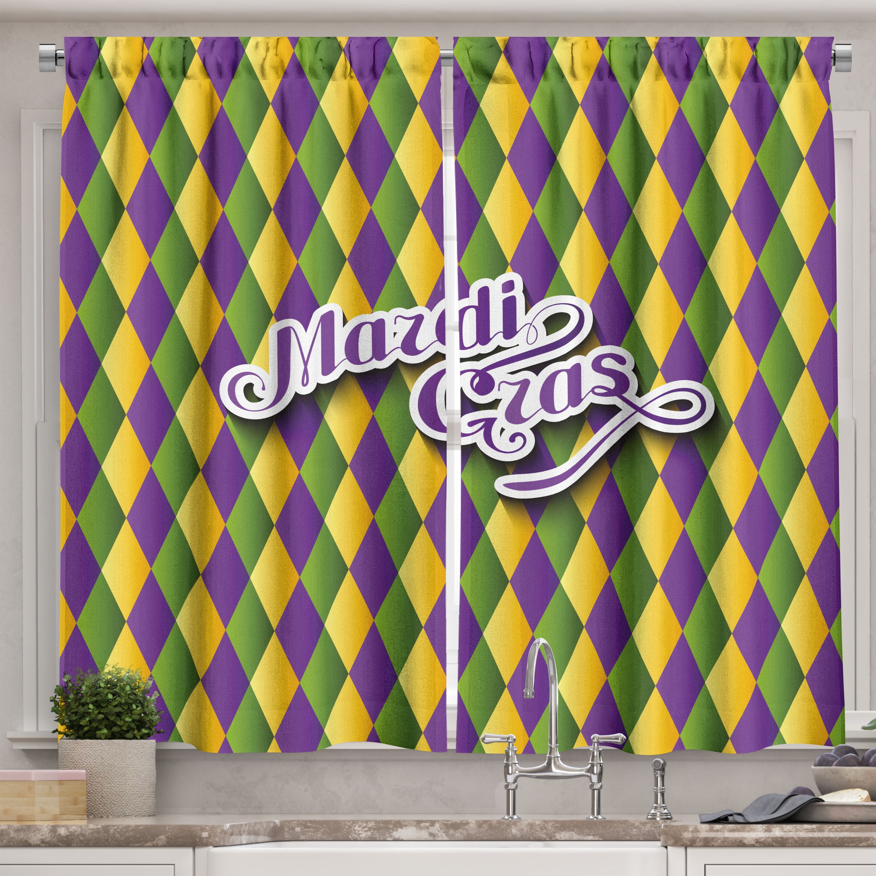 Ambesonne Mardi Gras Kitchen Curtains, Hand Writing Design, 55"x39 ...