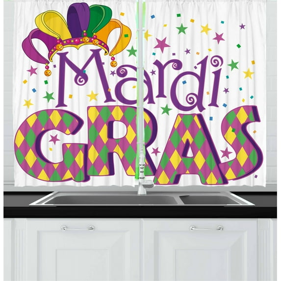 Ambesonne Mardi Gras Kitchen Curtains, Joyful Party Theme, 55"x45", Purple Yellow Green