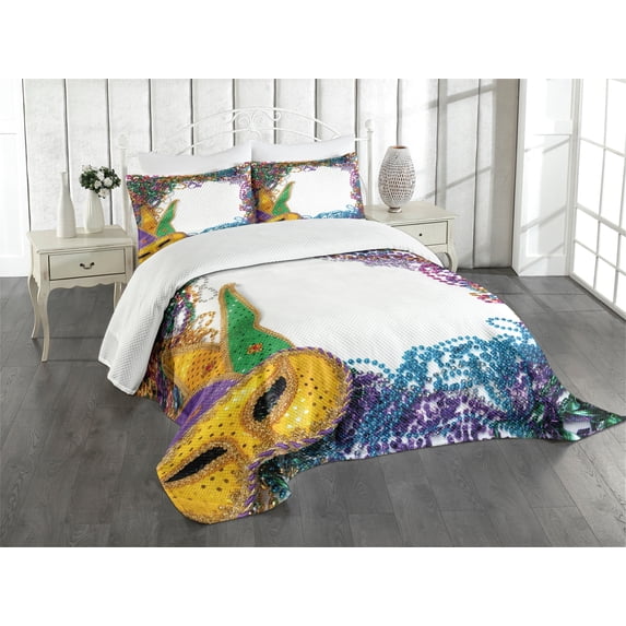 Ambesonne Mardi Gras Quilted Bedspread Set 2 Pcs, Holiday Colors, Twin Size, Multicolor