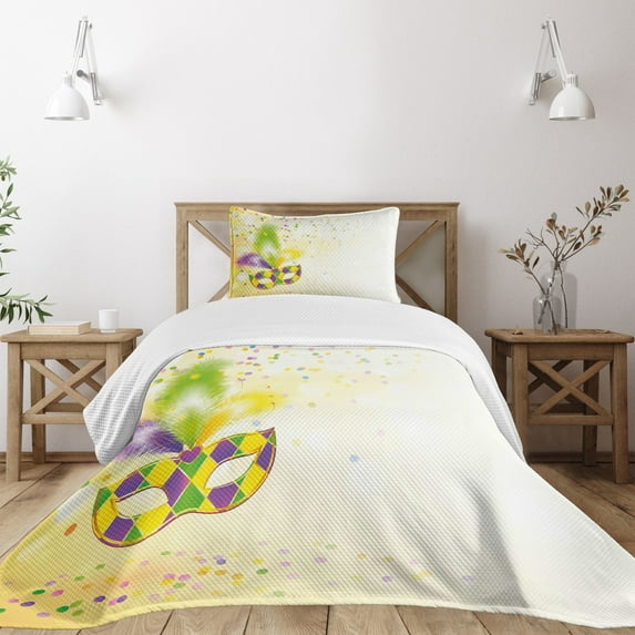 Ambesonne Mardi Gras Quilted Bedspread Set 2 Pcs, Party, Twin Size, Yellow Green Purple
