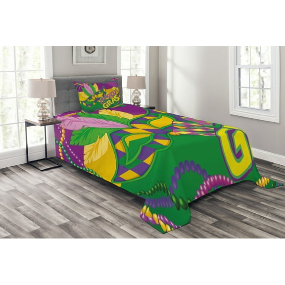 Ambesonne Mardi Gras Quilted Bedspread Set 2 Pcs, Vivid Beads Feathers, Twin Size, Lime Green Magenta