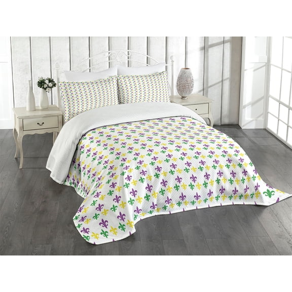 Ambesonne Mardi Gras Quilted Bedspread Set 3 Pcs, Carnival Lily Flower, King Size, Green Yellow Purple