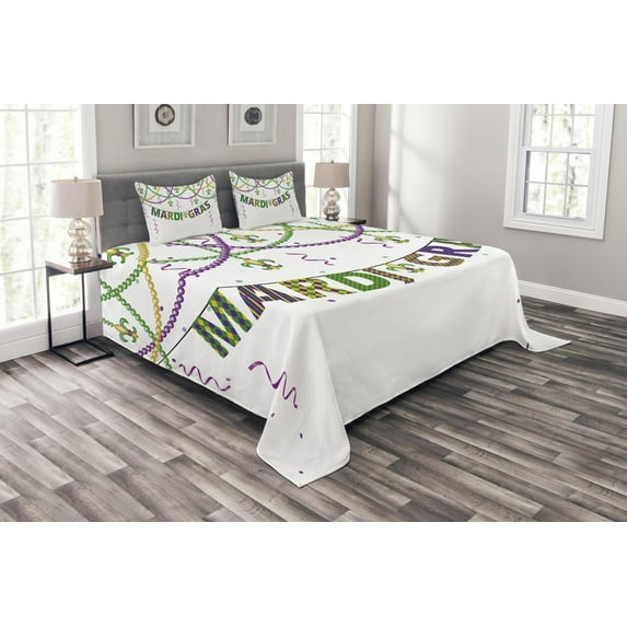 Ambesonne Mardi Gras Quilted Bedspread Set 3 Pcs, Fleur De Lis Beads, King Size, Purple Green Yellow