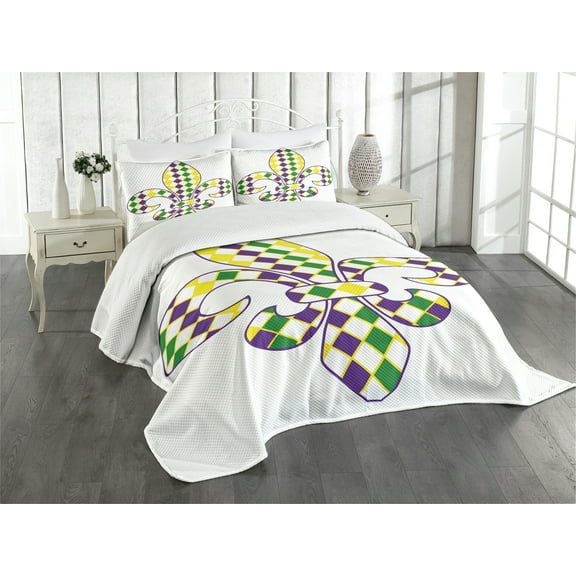 Ambesonne Mardi Gras Quilted Bedspread Set 3 Pcs, Lily Vintage, King Size, Purple Green Yellow
