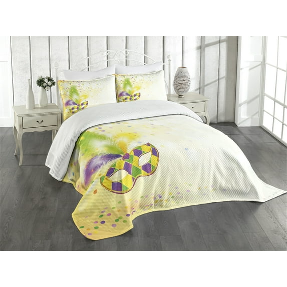Ambesonne Mardi Gras Quilted Bedspread Set 3 Pcs, Party, King Size, Yellow Green Purple