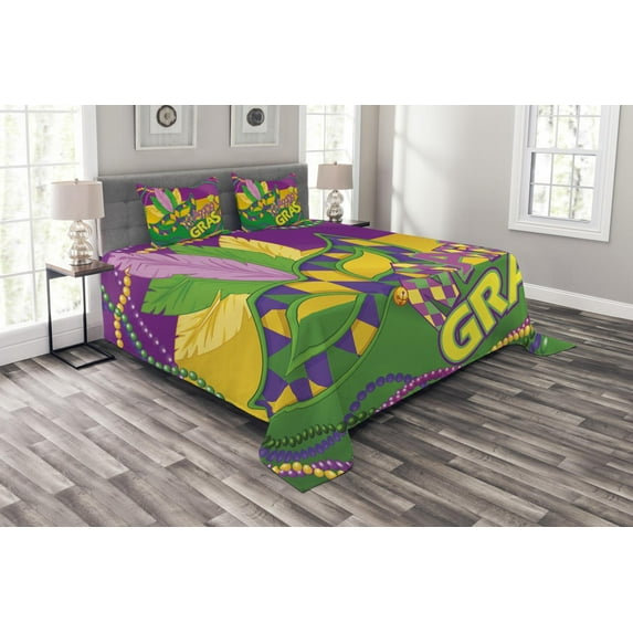 Ambesonne Mardi Gras Quilted Bedspread Set 3 Pcs, Vivid Beads Feathers, Queen Size, Lime Green Magenta