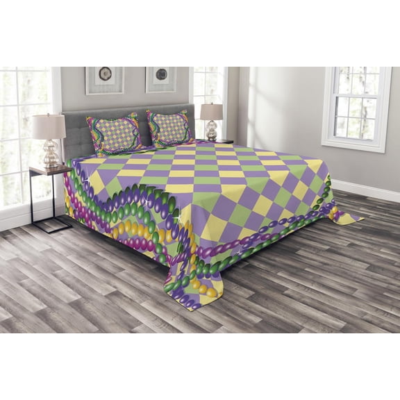 Ambesonne Mardi Gras Quilted Bedspread Set 3 Pcs, Vivid Graphic Style, Queen Size, Multicolor