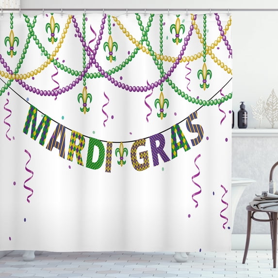 Ambesonne Mardi Gras Shower Curtain, Fleur De Lis Beads, 69"Wx75"L, Purple Green Yellow