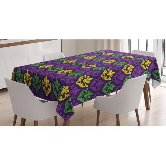 Ambesonne Mardi Gras Tablecloth Rectangular Table Cover, Antique Motifs Tile, 60"x90", Purple Green Yellow