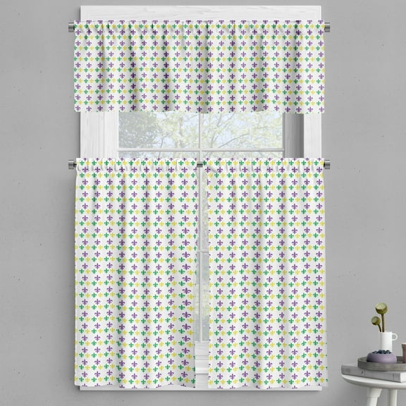 Ambesonne Mardi Gras Valance & Curtain, Carnival Lily Flower, 55"x24", Green Yellow Purple