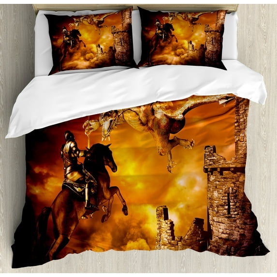 Ambesonne Marigol Black Duvet Cover Sets, Knight on Horse, 2-Queen, Black and Marigold