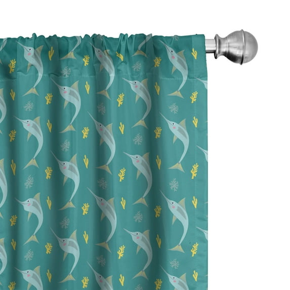 Ambesonne Marine Window Curtains, Funny Cartoon Swordfish Art, Each 28" W x 95" L, Teal Yellow