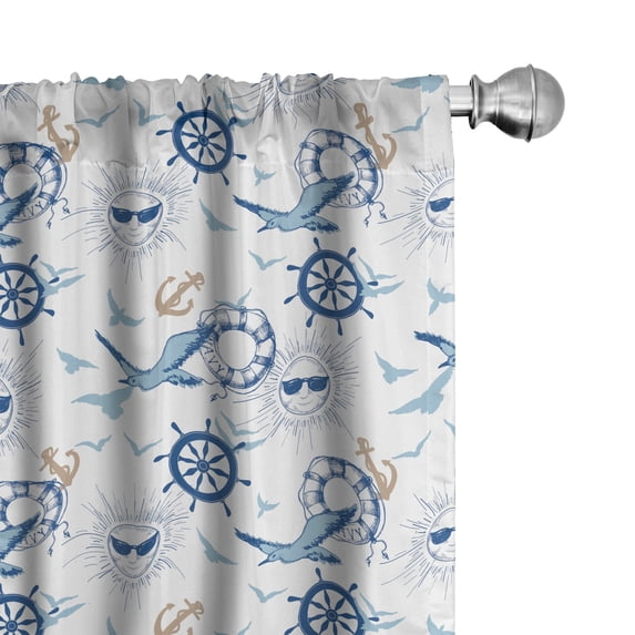 Ambesonne Marine Window Curtains, Sun Anchor Rudder Seagulls, Each 28" W x 84" L, White Blue Almond