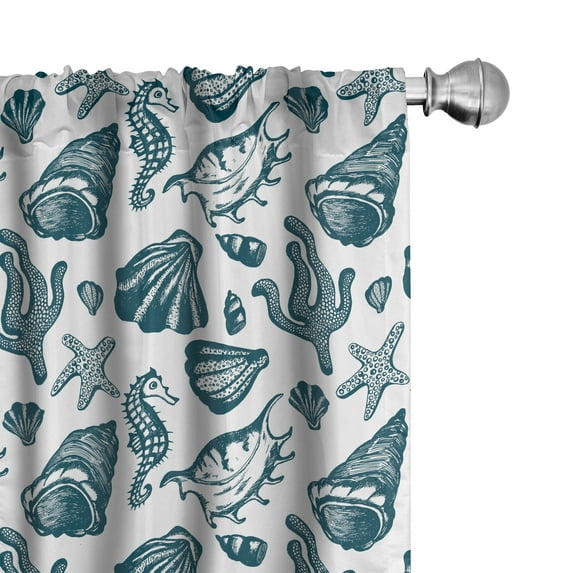 Ambesonne Marine 4-Panel Curtains, Vintage Sketch Seahorse, 56"x63", White and Dark Teal