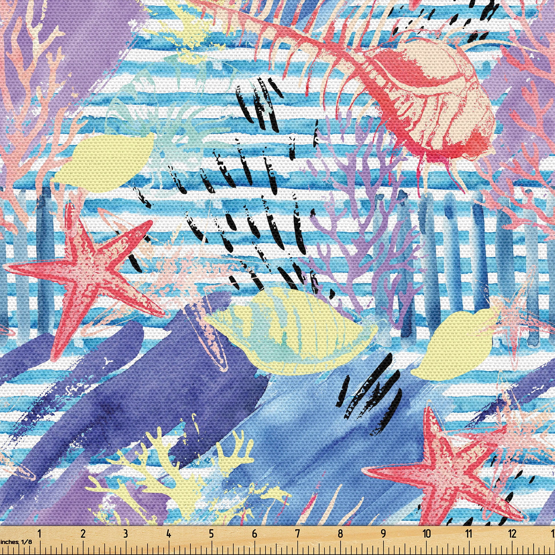 Ambesonne Marine Abstract Fabric by the Yard, Starfish and Shells, 1 ...