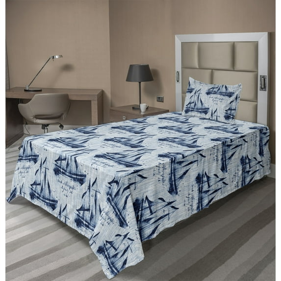 Ambesonne Marine Art Fitted & Flat Sheet with Sham 3 Pcs Set, Vintage Sailing Boat, Twin, Pale Blue Indigo