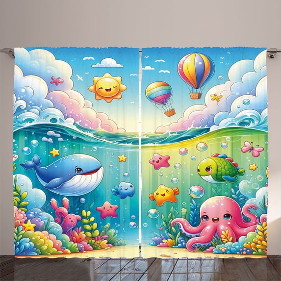 Ambesonne Marine Cartoon Curtains 2 Panel Set, Colorful Underwater, 108" x 84", Turquoise Multicolor