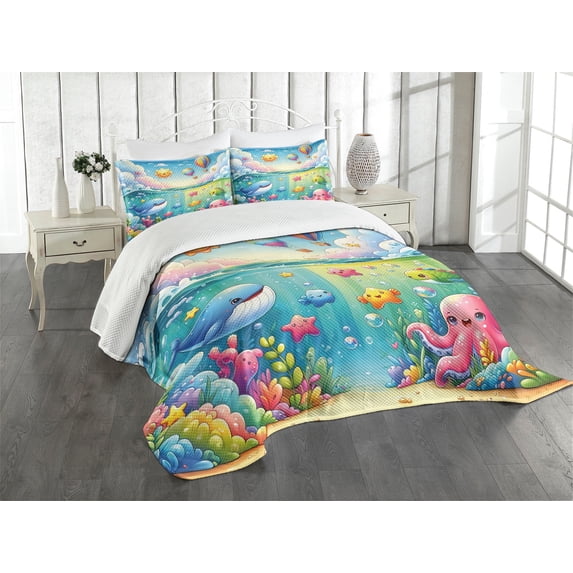 Ambesonne Marine Cartoon Quilted Bedspread Set 3 Pcs, Colorful Underwater, Queen Size, Turquoise Multicolor