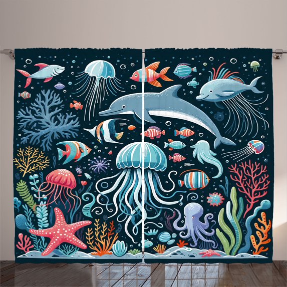 Ambesonne Marine Curtains 2 Panel Set, Multicolor Underwater Life, 108" x 108", Dark Petrol Blue